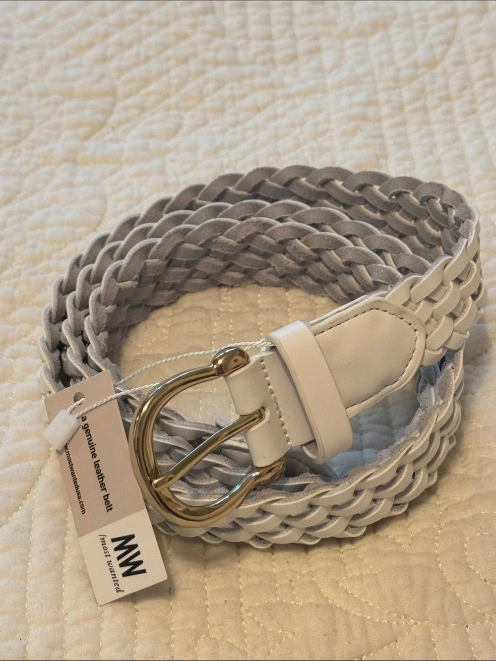 Braided White Leather Belt with Gold Buckle